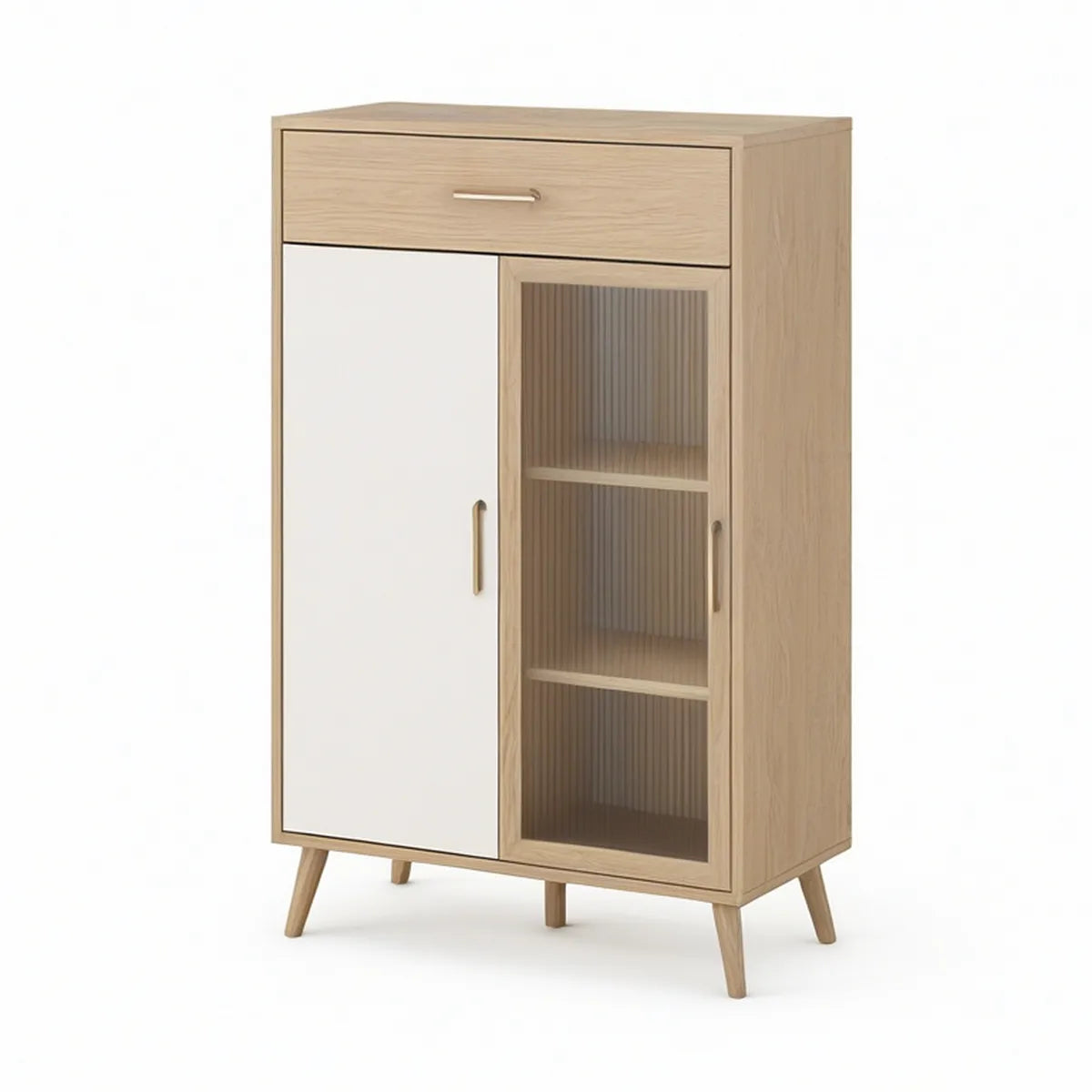 Příborník z MDF v dekoru světlého dubu a bílé se skleněnými dvířky, 80 × 40 × 120 cm